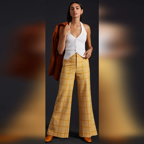 Yellow Plaid Wide-Leg Pants - Picture 2 of 6